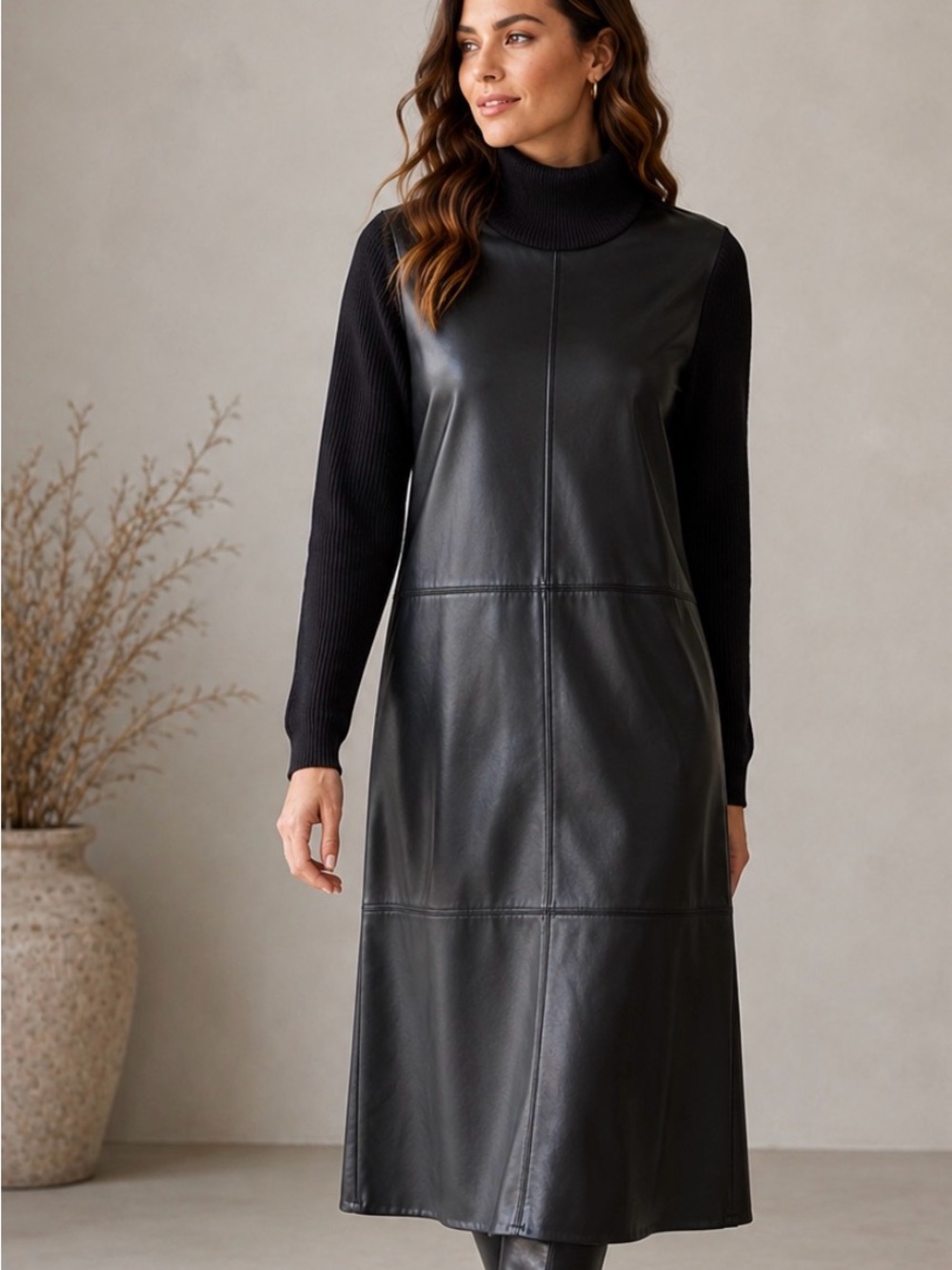 Ann Taylor Black Faux Leather Maxi Dress with sweater sleeves and turtleneck